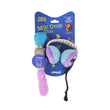 Load image into Gallery viewer, A packaged Jackson Galaxy x Feline Frenzy Mic Drop Duo on a white background. The set includes a blue and gray microphone-shaped toy with a pink tassel and a pair of purple and blue headphones.
