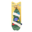 Load image into Gallery viewer, A Feline Frenzy O Christmas Tree kicker toy with white faux-fur trim, a gold star topper, and colorful pom-pom lights, hanging from a yellow retail card on a white background.
