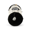 Load image into Gallery viewer, Feline Frenzy Purr &amp; Pounce Cat Tunnel in Black Celestial print shown looking through end of tunel with dangling mouse toy hanging on white background
