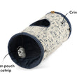 Load image into Gallery viewer, Feline Frenzy Purr &amp; Pounce Cat Tunnel in Navy Blue Celestial print, shown on a diagonal with a dangling mouse and feature callouts on a white background.
