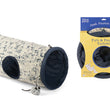 Load image into Gallery viewer, Feline Frenzy Purr &amp; Pounce Cat Tunnel in Navy Blue Celestial print shown expanded and condensed within packaging on a white background.
