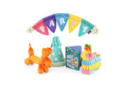 Play’s Party Animal Collection - a colorful party-themed dog toys and decorations on a white background