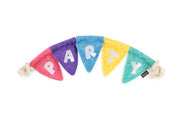 Play’s Party Animal Tug n’ Party Banner colorful dog toy with PARTY letters on a white background