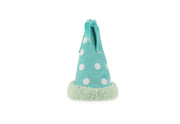 Play’s Party Animal Yappy Party Hat - a turquoise hat with white polka dots, streamers coming out of the top and a soft trim along the rim on a white background