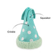 Load image into Gallery viewer, Play’s Party Animal Yappy Party Hat - a turquoise dog toy with polka dots showing features pointed out on a white background

