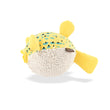 Load image into Gallery viewer, Play's Ocean Buddies Puffer Fish, a yellow and white textured ball toy side view on a white background
