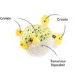 Load image into Gallery viewer, Play's Ocean Buddies Puffer Fish, a yellow plush fish toy with crinkle and squeaker features labeled on a white background
