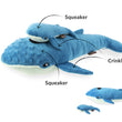 Load image into Gallery viewer, Play's Ocean Buddies Big Blue and Baby Blue plush whales toy with features labeled on a white background
