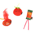 Load image into Gallery viewer, P.L.A.Y. Feline Frenzy Toma-toe Beans toy set with three cat toys shaped like tomatoes - a whole tomato looking sleepy, a tomato slice with a feather coming out of the top and a ketchup packet design on a white background.
