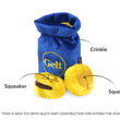 Load image into Gallery viewer, Play Paw-nukkah Gelt-y Treats dog toy with blue bag and yellow coins, labeled with features on a white background
