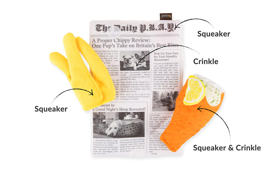 Play Pet Brands Chippy Chews: Fish & Chips Interactive Dog Toy