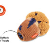 Load image into Gallery viewer, Play Berry Blast Muffin, a plush muffin-shaped dog toy with a tan fuzzy top, brown ribbed bottom, and dark blue accents, shown on a white background with text reading 'Fill Bottom with Treats' and a circular 'Bonus Toy Inside' badge.
