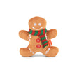 Load image into Gallery viewer, Play Merry Minis Holly Jolly Gingerbread Man in warm brown fabric, wearing a red and green striped knit scarf and white embroidered facial features and icing details, photographed on a clean white background.
