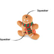 Load image into Gallery viewer, Play Merry Minis Holly Jolly Gingerbread Man plush dog toy with a red and green striped knit scarf, white icing details, and two black arrows pointing to red buttons labeled 'Squeaker' on a white background.
