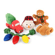 Load image into Gallery viewer, Play Merry Minis Collection, a set of five plush Christmas-themed dog toys on a white background: a red truck carrying a green Christmas tree, a snowman wearing a red plaid hat, a gingerbread man with a red and green scarf, a brown turkey plush dog lying on its side, and a string of colorful toy Christmas lights in front.
