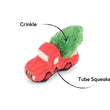 Load image into Gallery viewer, Play Merry Minis Holiday Hauler red plush toy vintage truck carrying a green fluffy Christmas tree, shown on a white background with black text labels reading 'Crinkle' and 'Tube Squeaker'.
