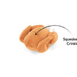 Load image into Gallery viewer, A plush stuffed turkey toy in tan-brown fabric from the Play Merry Minis Collection on a white background, with a black arrow pointing to it and the text 'Squeaker &amp; Crinkle' indicating the included sound-making feature.
