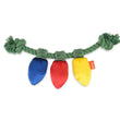 Load image into Gallery viewer, Play Merry Minis Twinkly Tugger, a dog tug toy made of green rope with three hanging plush Christmas light shapes in blue, red, and yellow, shown on a plain white background.
