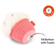 Load image into Gallery viewer, Play Sugar Rush Cupcake, a plush cupcake toy, a plush cupcake-shaped pet toy in white and pink, shown on a white background with an orange circular 'Bonus Toy Inside' badge and a callout reading 'Fill Bottom with Treats'.
