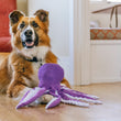 Load image into Gallery viewer, Big fluffy brown dog sitting with Play’s Ocean Buddies Opal the Octopus, a purple octopus toy, between its front paws on a wooden floor indoors.
