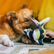 Load image into Gallery viewer, Dog playing with Play's Ocean Buddies Moorish Idol fish dog toy held by a person in front of a bed with a yellow comforter. 
