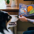 Load image into Gallery viewer, Dog mom opening Play’s Party Animal Barkday Wishes birthday card dog toy to show their dog in front of a desk indoors
