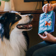 Load image into Gallery viewer, A fluffy dog looking at Play’s Party Animal Barkday Wishes, a colorful birthday card dog toy, held by their dog mom with 'Best Day Ever!' text on cover in front of a desk indoors
