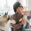 Load image into Gallery viewer, Dog mom inserting treats into  Play’s Ocean Buddies Bonk the Hammerhead's mouth with big white fluffy dog watching on in a living room.
