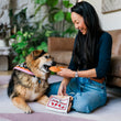 Load image into Gallery viewer, Dog mom sitting on the floor with a dog, holding a fortune cookie dog toy for her pup from the Fog City Pet x Play Lucky Treats toy in a home setting.
