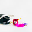Load image into Gallery viewer, A black and white cat lying on its side playing with P.L.A.Y. Feline Frenzy Fig N’ Whiskers Toy Set on a white background

