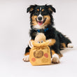 Load image into Gallery viewer, P.L.A.Y.'s Picked Fresh Potato Pals Toy lifestyle image of a fluffy dog with a plush toy labeled 'Best Spuds' on a white background
