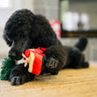 Load image into Gallery viewer, Home for the Holidays Holiday Hauler Toy - Black Poodle biting on the rope tugging the tree on the red truck on a woven rug in front of a fireplace
