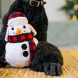 Load image into Gallery viewer, P.L.A.Y. Home for the Holidays Blizzard Buddy Toy - sitting up between two paws of a Black Poodle that is laying down on a woven rug
