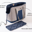 Load image into Gallery viewer, LeftPine x P.L.A.Y. Navy Striped Dog Carrier with feature callouts
