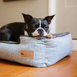 Load image into Gallery viewer, Gallery: Houndstooth Lounge Bed PY3011BSFHoundstooth Lounge Bed in Light Blue with Boston Terrier sleeping in it with chin on bolster
