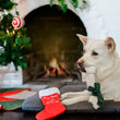 Load image into Gallery viewer, Merry Woofmas Collection with dog holding bone from Good Boy Stocking in his mouth on Coastal Series Chill Pad in front of Christmas Tree and fire place
