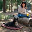 Load image into Gallery viewer, Scout &amp; About Outdoor Chill Pad in Mocha with dog laying on it and mom sitting on a log smiling down with Landscape River Deluxe Training Pouch
